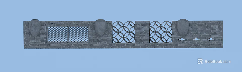 Building Exterior Wall With Brick Structure Circular Lattice And Shield Decoration 3d model
