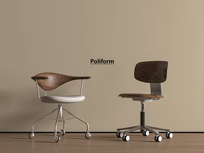 Poliform Modern Chairs With Wooden Backrest White Seat And Metal Wheels 3d model