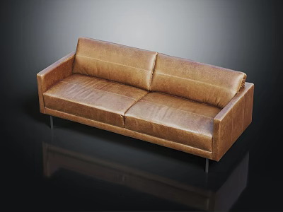 Modern Brown Leather Sofa With Metal Legs And Shiny Surface In Black Background 3d model