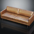 Modern Brown Leather Sofa With Metal Legs And Shiny Surface In Black Background