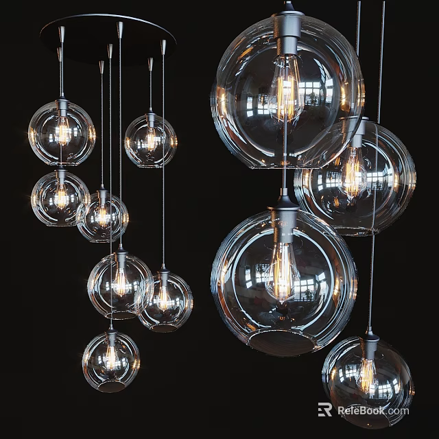 Modern Multiple Hanging Transparent Glass Spherical Chandeliers With Illuminated Bulbs 3d model 
