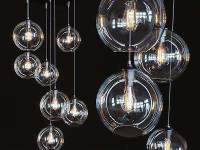 Modern Multiple Hanging Transparent Glass Spherical Chandeliers With Illuminated Bulbs 3d model