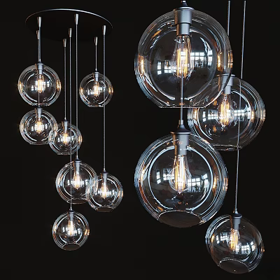 Modern Multiple Hanging Transparent Glass Spherical Chandeliers With Illuminated Bulbs 3d model