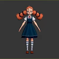 Game And Movie Character With Red Pigtails Blue Pinafore White Shirt Striped Socks Red Shoes