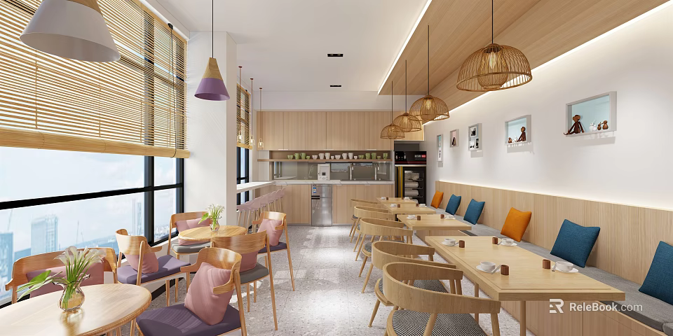 Modern Restaurant Interior With Wooden Decor Pendant Lights Colorful Cushioned Chairs And Wall Art 3d model 