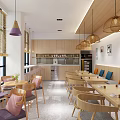 Modern Restaurant Interior With Wooden Decor Pendant Lights Colorful Cushioned Chairs And Wall Art