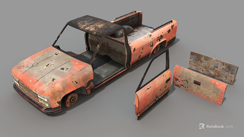 Rusty Old Pickup Truck With Worn Out Body Open Doors And Peeling Paint 3d model 