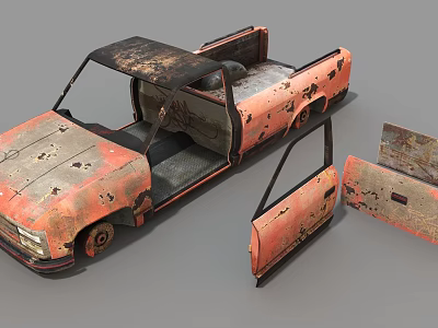 Rusty Old Pickup Truck With Worn Out Body Open Doors And Peeling Paint 3d model