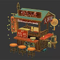 Happy Little House Snack Stall Featuring Big Pancake Red Lanterns Fu Characters And Orange Stools