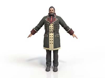 Bearded Man Wearing Dark Green Long Coat With Yellow Buttons Red Collar Black Pants 3d model