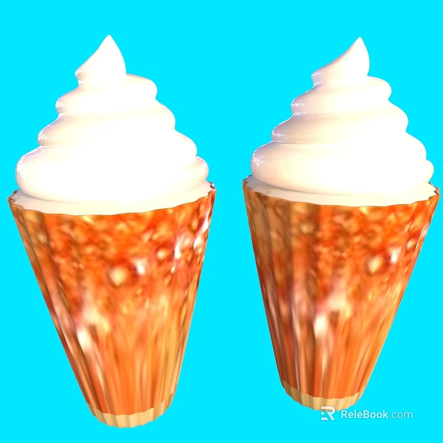 Two Crispy Brown Waffle Ice Cream Cones Topped with Fluffy White Whipped Cream 3d model 
