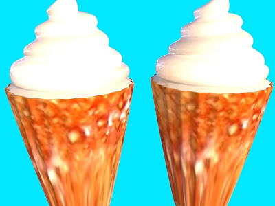 Two Crispy Brown Waffle Ice Cream Cones Topped with Fluffy White Whipped Cream 3d model