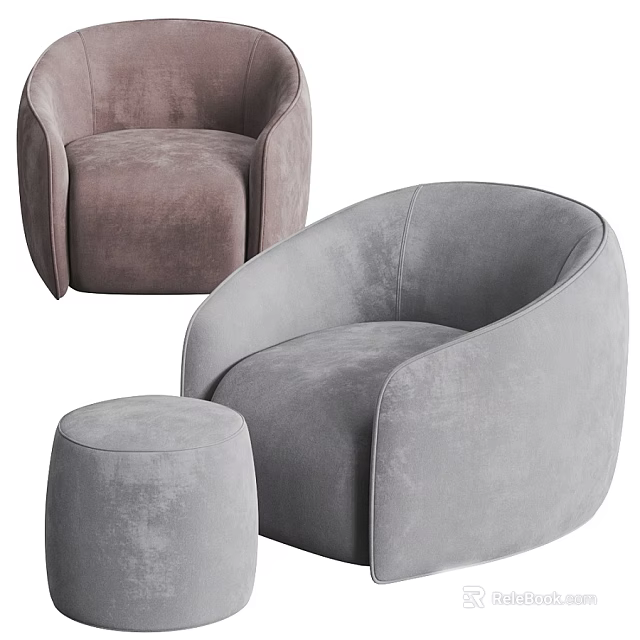 Modern Velvet Armchairs in Light Brown and Gray with Rounded Design and Ottoman 3d model 