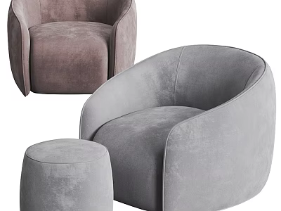 Modern Velvet Armchairs in Light Brown and Gray with Rounded Design and Ottoman 3d model