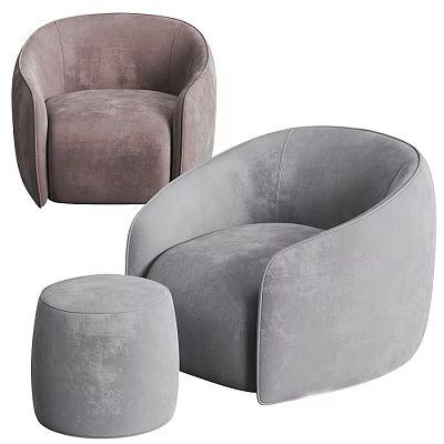 Modern Velvet Armchairs in Light Brown and Gray with Rounded Design and Ottoman 3d model