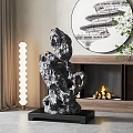 Modern Decorative Stone Ornament Set With Black Base Fireplace Flames Circular Art And Floor Lamp