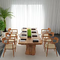 Wooden Conference Table With Green Plant Centerpiece Surrounding Chairs Near Window Curtains And Palm Plant