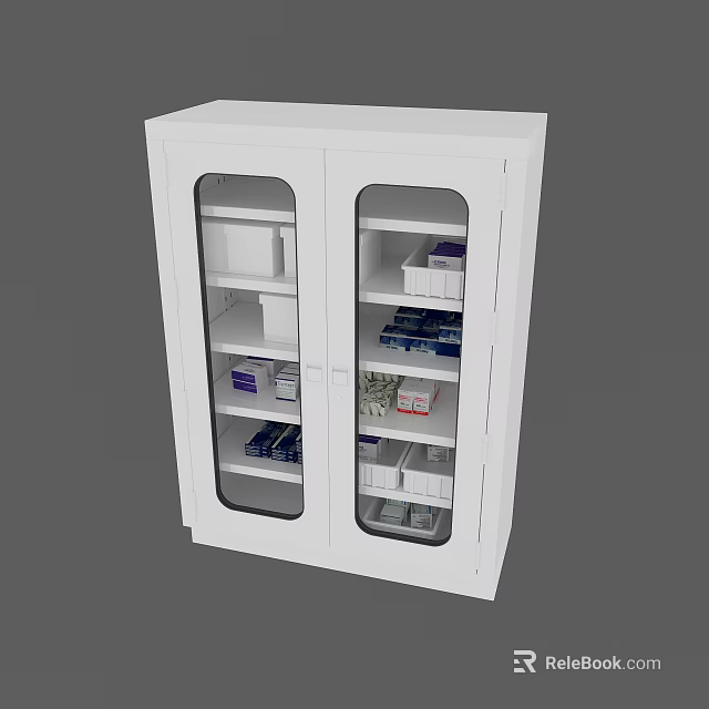 White Double Door Glass Storage Cabinet With Shelves Holding Medical Supplies 3d model 