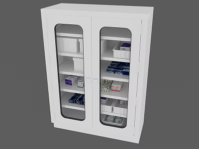 White Double Door Glass Storage Cabinet With Shelves Holding Medical Supplies 3d model