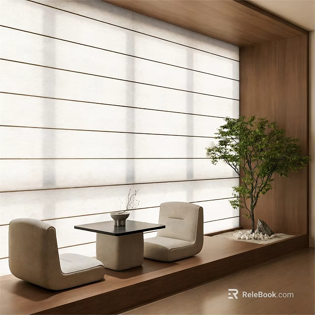 Serene Tea Room Interior With White Vertical Striped Curtains Wooden Walls And Beige Chairs 3d model 