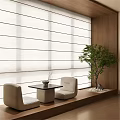 Serene Tea Room Interior With White Vertical Striped Curtains Wooden Walls And Beige Chairs