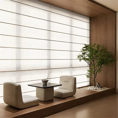 Serene Tea Room Interior With White Vertical Striped Curtains Wooden Walls And Beige Chairs 3d model