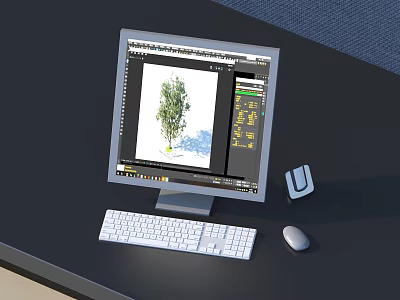 Computer Monitor Running Graphic Design Software Displaying Tree Image With Keyboard And Mouse 3d model