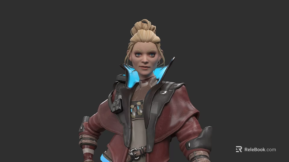 Blonde Woman With Bun Hairstyle In Red Coat Featuring Blue Glowing Accents And Tech Details 3d model 