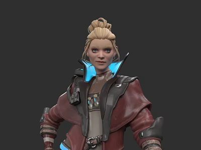 Blonde Woman With Bun Hairstyle In Red Coat Featuring Blue Glowing Accents And Tech Details 3d model