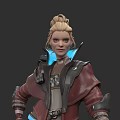 Blonde Woman With Bun Hairstyle In Red Coat Featuring Blue Glowing Accents And Tech Details