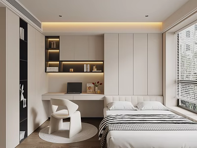 Minimalist Tatami Bedroom Interior Design With Tatami Bed Desk Storage Cabinets And Window 3d model