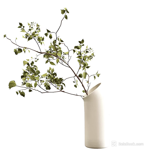 Fresh Green Leaves Branches in White Vase for Modern Interior Decor 3d model 