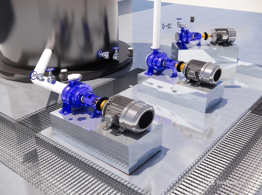 Industrial Blue Pumps Mounted On Metal Platforms With Motors And Pipes 3d model 