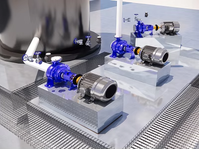 Industrial Blue Pumps Mounted On Metal Platforms With Motors And Pipes 3d model