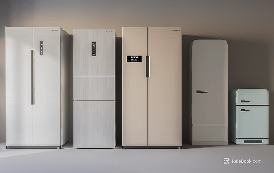 Modern Refrigerators and Freezers with Various Designs and Different Sizes in Showroom 3d model 
