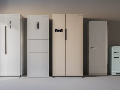 Modern Refrigerators and Freezers with Various Designs and Different Sizes in Showroom 3d model