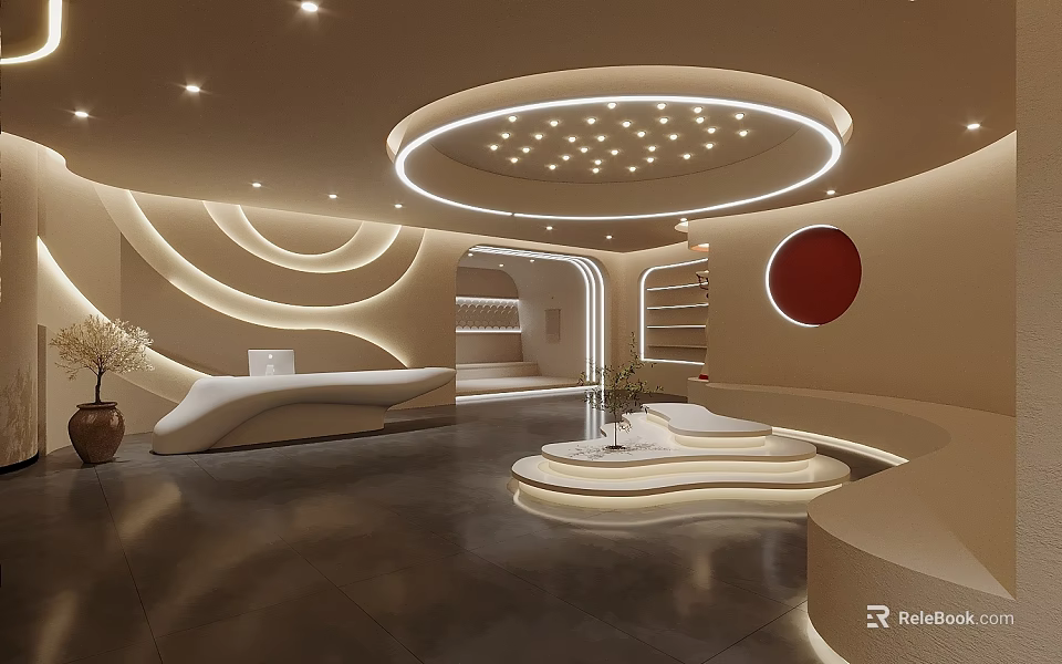 Modern Beauty Hair Salon Interior With Circular Ceiling Light Curved Walls And Lounge Area 3d model 