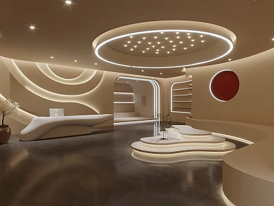 Modern Beauty Hair Salon Interior With Circular Ceiling Light Curved Walls And Lounge Area 3d model