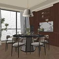 Modern Restaurant Interior With Round Dining Table Gray Chairs Pendant Light And Open Kitchen 3d model