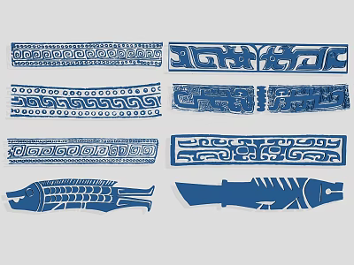 Blue And White Wall Decor With Geometric Patterns And Fish Design Elements 3d model