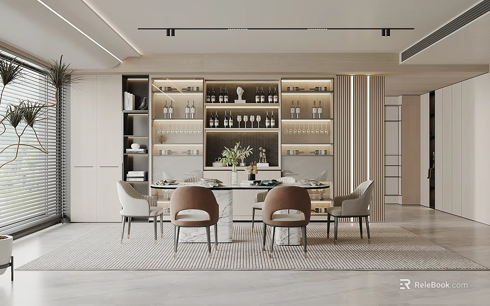 Elegant Modern Restaurant Dining Room With Table Chairs Wine Cabinet Pendant Lights And Green Plants 3d model 