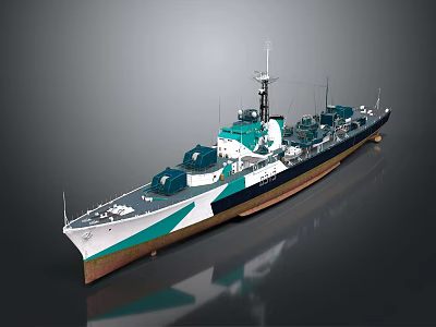 Detailed Warship 3D Model with White Teal and Brown Hull Superstructure Mast 3d model