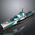 Detailed Warship 3D Model with White Teal and Brown Hull Superstructure Mast