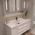 Modern Bathroom Vanity With LED Lit Mirror White Cabinet Faucet Potted Plant And Soap Dispenser
