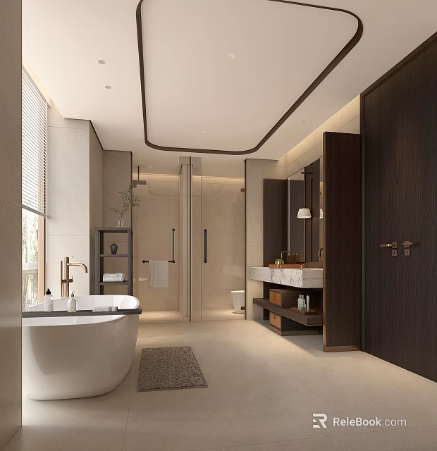 Spacious Warm Modern Bathroom With Freestanding Bathtub Glass Shower Enclosure And Elegant Marble Vanity 3d model 