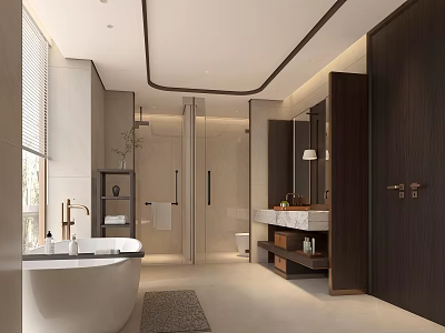 Spacious Warm Modern Bathroom With Freestanding Bathtub Glass Shower Enclosure And Elegant Marble Vanity 3d model