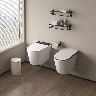 Modern Wall Mounted Toilets With Trash Bin Wall Shelves Toilet Paper Toiletries And Wooden Floor 3d model