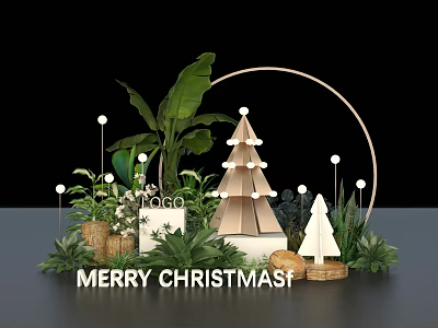 Festive Christmas Decorative Scene With Paper Trees Green Plants Circular Ring And Merry Christmas Sign 3d model