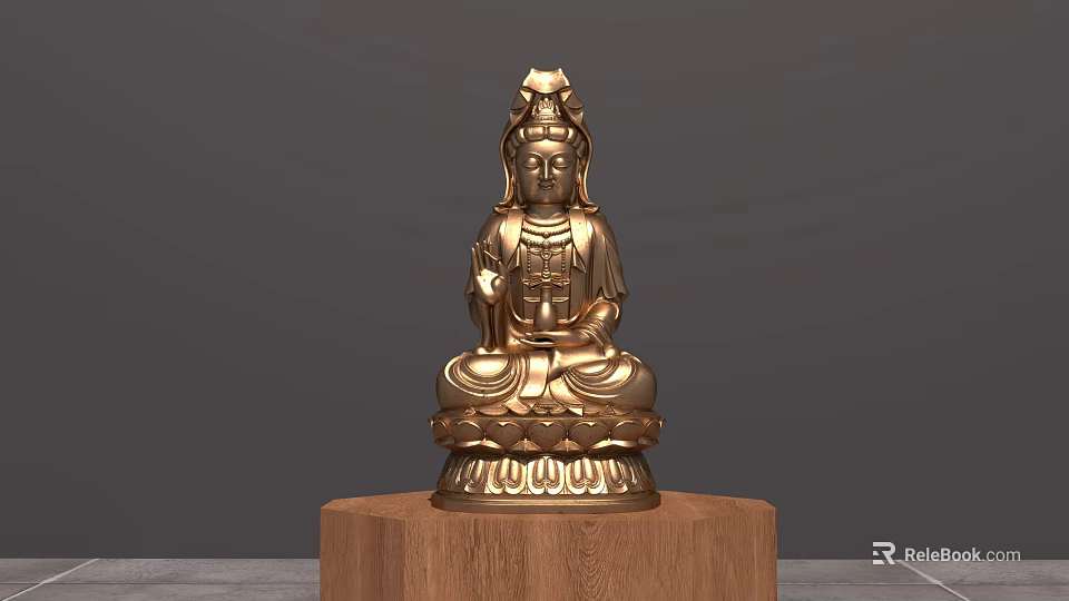 Exquisite Golden Guanyin Sculpture Carving With Lotus Base On Wooden Pedestal 3d model 