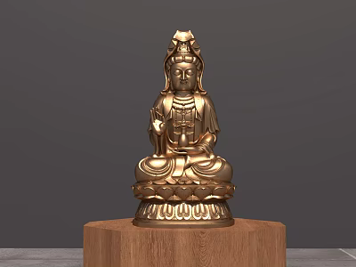 Exquisite Golden Guanyin Sculpture Carving With Lotus Base On Wooden Pedestal 3d model